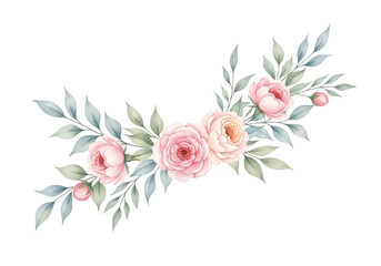 Pink roses and green leaves floral arrangement isolated on transparent background for wedding invitations and greeting cards