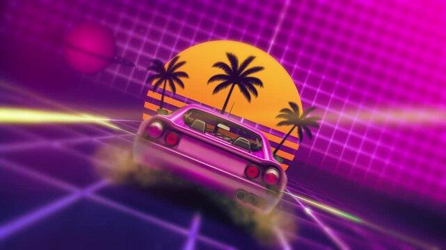 Dynamic 80s Synthwave background loop featuring a vibrant pink sport car racing across a glowing digital grid road towards a large sunset. Perfect for VJ, gaming, and retro music videos.
