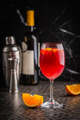 Glass of red wine spanish famous traditional fruity sangria gourmet cocktail or vino de verano, tinto de verano drink. High quality photo