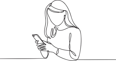 Woman holding smartphone browsing social media or texting message continuous single line drawing vector illustration isolated