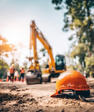 Construction site with safety helmet and machinery under sunlight 