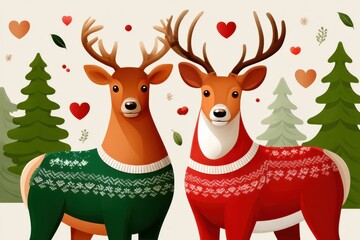 Naklejka premium Two deer in festive sweaters stand together in a winter forest scene