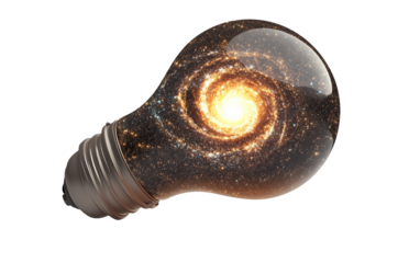 High-resolution digital artwork showing a desk lamp emitting a cosmic swirl in a creative surreal composition