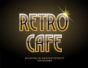 Fototapeta premium Vector Vintage emblem Retro Cafe. Chic Black and Golden Font. Elegant Alphabet Letters and Numbers set.