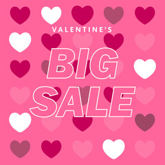 Bold  Big Sale Valentine's Day Promotion Banner on a Vibrant Pink Background with Repeating Pattern of Decorative Hearts, Ideal for Retail E-commerce Advertising and Holiday Discount Campaigns