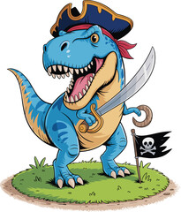 Cute Dinosaur Kids T-Shirt Design Vector, Cartoon Dino Rocket Space Illustration, Roaring T-Rex Cartoon Artwork for Kids, Dinosaur Pirate Character Kids Graphic