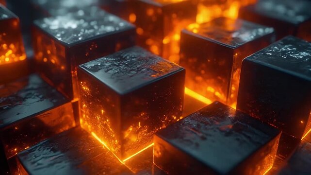 Illuminated Cubic Abstraction: An artistic display of glowing cubes. The warm, inviting glow emanating from within, casting intriguing shadows and highlights.