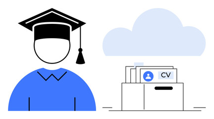 Education concept. Education icons with graduate illustration and cloud resume storage. Education connecting academic achievement to career opportunities. Useful for job search, career planning