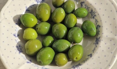 Green olives resting on a white patterned plate