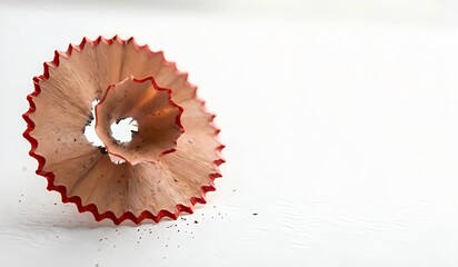 Macro photography of a single, long, continuous wooden pencil shaving lying on a white paper surface, positioned strictly on the left. The shaving forms a perfect spiral. The texture of the cedar wood