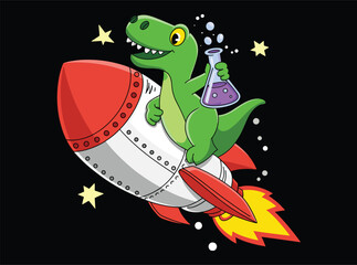 Cute Dinosaur Kids T-Shirt Design Vector, Cartoon Dino Rocket Space Illustration, Roaring T-Rex Cartoon Artwork for Kids, Dinosaur Pirate Character Kids Graphic