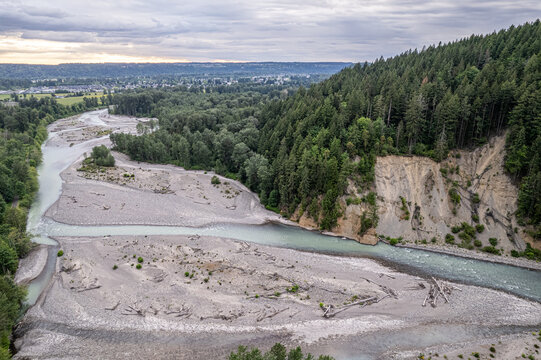 Aerial view of the Carbon River carves through gravel bars amidst verdant forests, a tranquil scene under a soft, overcast sky, Orting, Washington, United States.