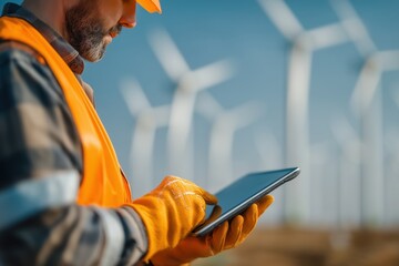 Wind Farm Technician Using Digital Tablet to Monitor Renewable Energy Production Outdoors, Engineer in High-Visibility Safety Gear Conducting Maintenance and Data Checks at Modern Wind Turbine Site