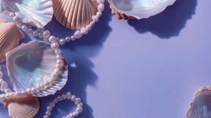  glossy reflective seashells with strong iridescence, shiny pearl beads against purple background