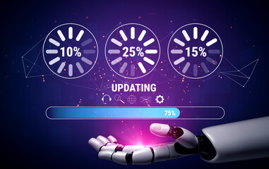 An AI system update and machine learning model training. A progress bar and loading icons showing the AI update percentage and status. Motif