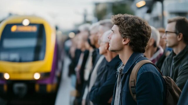 A diverse group of commuters waiting on a platform for a regional train, symbolizing daily life, punctuality, and accessibility in modern railway systems. cinematic color correction, natural uneven