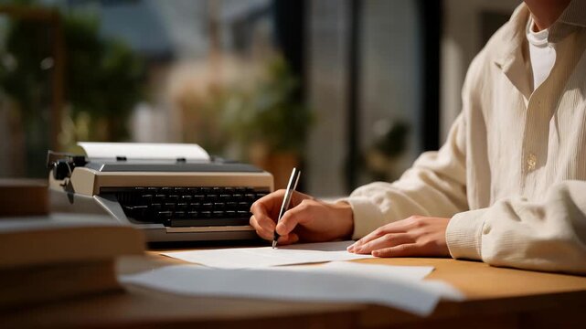 A focused writer sitting at a wooden desk, marking handwritten corrections on a manuscript freshly typed on a vintage typewriter, surrounded by scattered pages and soft afternoon light &mdash; a