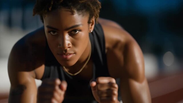 A sprinter practicing explosive starts on a track, symbolizing speed, strength, and precision in professional athletic preparation. cinematic color correction, natural uneven lighting yet gentle