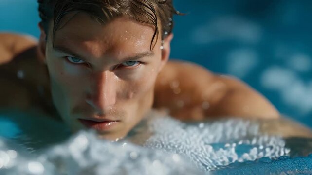 A professional swimmer practicing in an Olympic-sized pool, symbolizing focus, determination, and high-level athletic training. cinematic color correction, natural uneven lighting yet gentle
