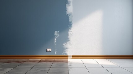 Wall corner with blue paint stroke. Home renovation and improvement concept with blank space for text or product display.