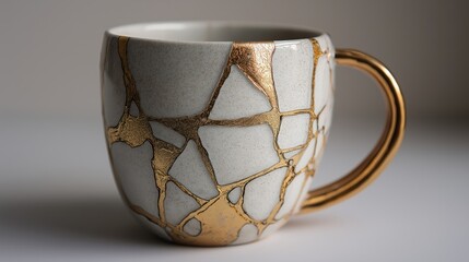 White ceramic mug repaired with kintsugi technique, highlighting golden cracks. Art of imperfection for home decor and spiritual healing concept.