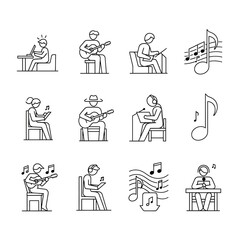 Fototapeta premium Set of twelve minimalist line icons representing musicians learning practicing and recording music activities digitally