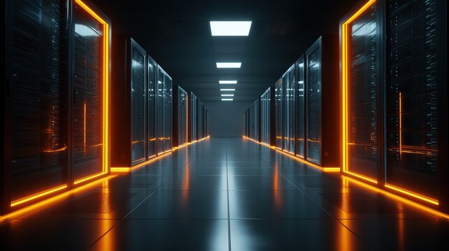 Server room corridor with glowing orange racks. Data center visualization for IT infrastructure and cloud computing technology. Futuristic network concept. - Powered by Adobe