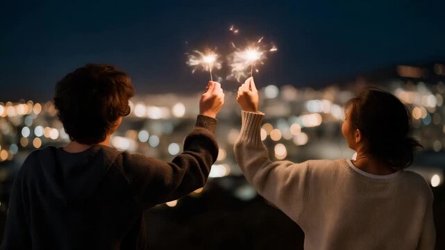 Elderly couple holding sparklers at night with arms entwined, city lights softly glowing behind them &mdash; concept of celebratory love, night-time romance, magical moments, and festive lifestyle