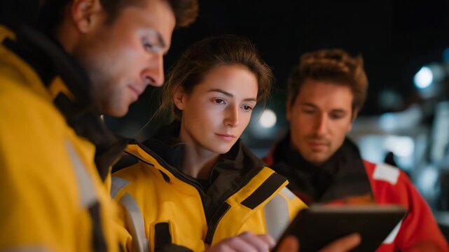 Emergency responders huddle over digital maps on tablets, coordinating a rescue plan in real time. The urgency in their expressions, the glow of the screens, and the synchronized communication