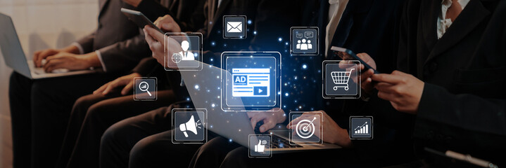 Explore a visual representation of digital marketing strategies, showcasing user interactions with technology devices in a modern corporate environment. Trope