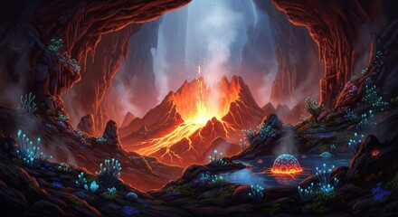 Volcanic Cave Landscape with Lava Flow and Bioluminescent Flora.
