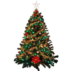Obraz premium Colorful lighted Christmas pine tree on round base, glowing New Year decoration for celebration, advertising, and design