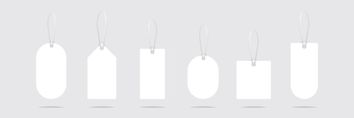 Collection of hanging tag shapes for product labeling, pricing, and branding designs.