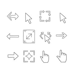 Set of hand drawn computer cursor icons including arrows pointer and selection symbols for interface design