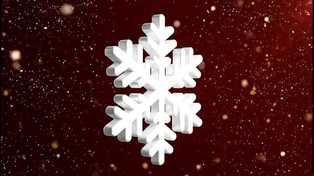 Snowflake icon on a dark red background with glittering particles, a festive holiday and winter theme