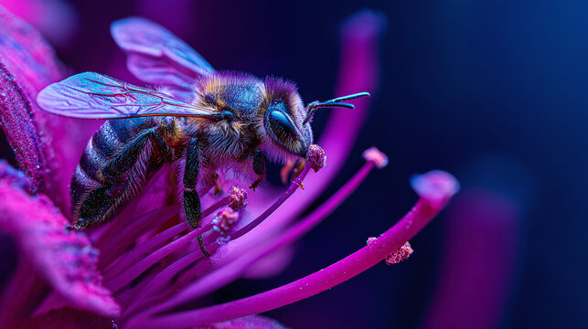 A detailed close-up of a bee resting on a vivid flower. The bee is meticulously captured, showcasing its intricate details against a backdrop of rich colors