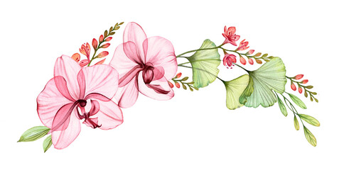 Watercolor tropical wreath. Abstract transparent orchids, green ginkgo branches and leaves in dusty pink and red. Isolated hand drawn botanical illustration for wedding design, stationery card print