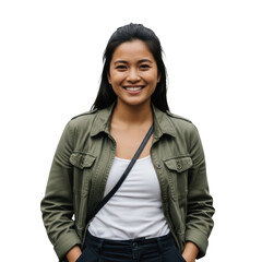Young asian woman smiling wearing a green jacket isolated on transparent background