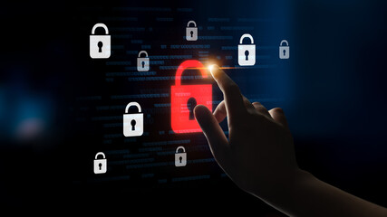 Digital security concept illustrating a cybersecurity breach, with a red unlocked padlock indicating data exposure among secure systems, emphasizing system vulnerability and risk Latch