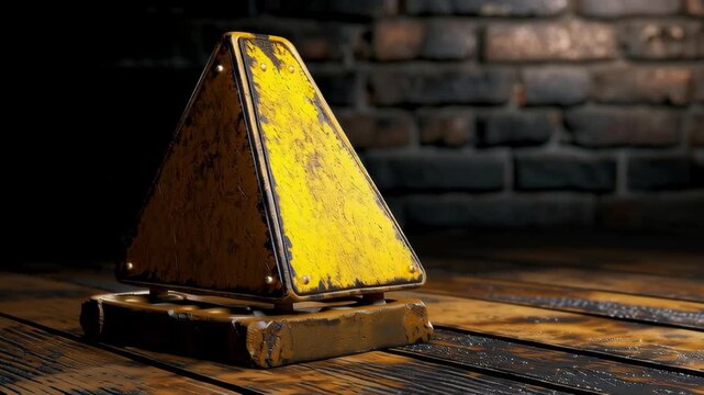 Rustic triangle sign caution symbol on weathered metal industrial texture, rusty yellow warning hazard sign, worn grunge old urban backdrop