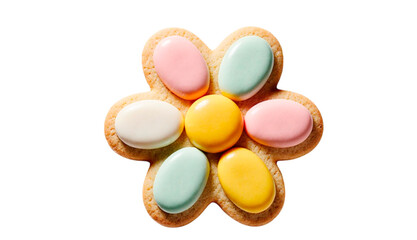 colorful daisy-shaped cookies on white background