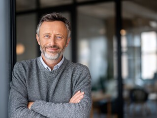 Smiling Mature Businessman Standing with Crossed Arms in Office Interior with Glass Wall Looking at Camera With Friendly Smile Two Hundred Characters