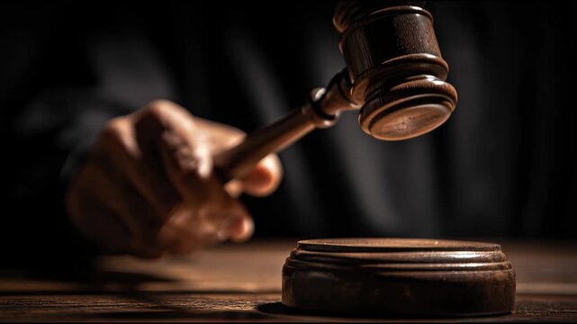 Closeup of a judges gavel hitting a sound block in a legal setting with dramatic lighting and focused detail