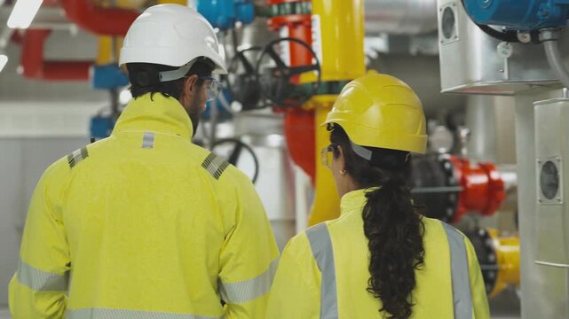Specialist engineer monitors pipe connections supplying the colossal industrial HVAC system and water chiller for reliable operation