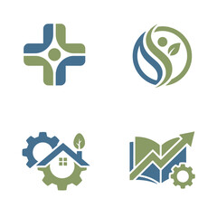 Fototapeta premium Modern vector logo icons in blue and green, showcasing health, nature, education, growth, and technology concepts for diverse business branding and digital design applications.