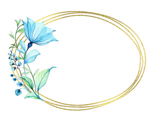 Watercolor transparent florals with golden glitter frame. Elegant horizontal card template with blue flowers and oval foil. Place for text. Botanical floral illustration for modern boho cards