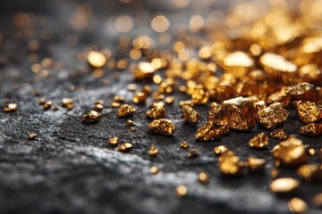 Shiny Gold Nuggets Scattered on Dark Textured Surface