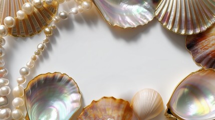 luxury photorealistic flat-lay with iridescent seashells and pearl necklaces against white background