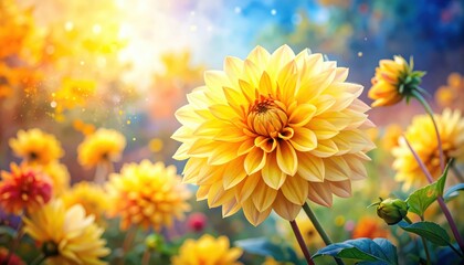 Vibrant yellow dahlia blooms in garden setting close up view of bright yellow dahlia flower garden centerpiece