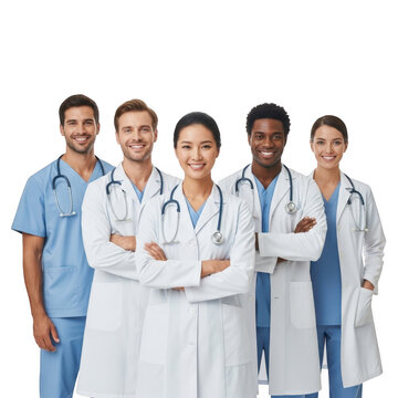 A diverse and confident team of medical professionals smiling at the camera, symbolizing healthcare unity and expertise isolated on transparent background
